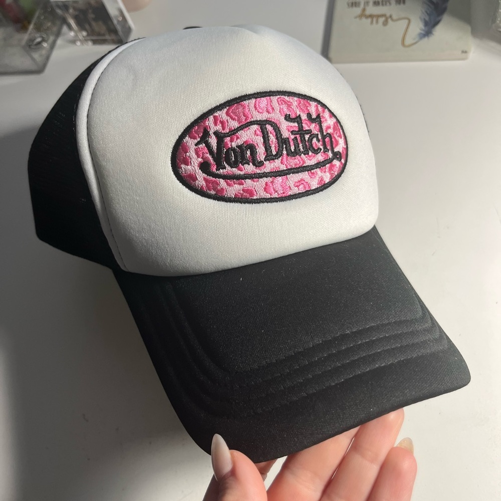 Von Dutch embroidered pink cheetah print trucker hat